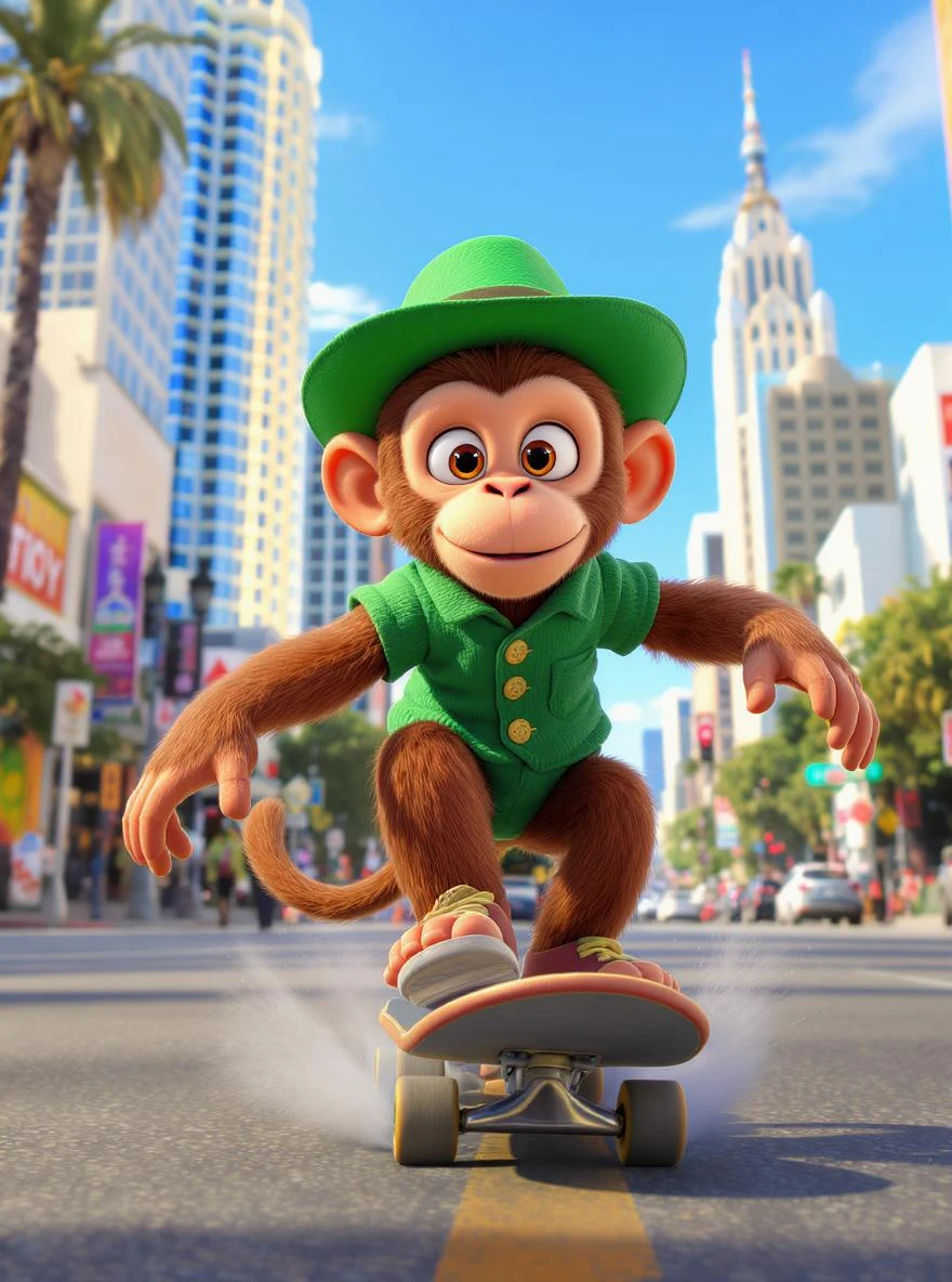 Disney style Cinematic still scane, Low angle shot, monkey dress in green outfit, monkey ride on skateboard, san francisno downtown with city lanscape, blue clean sky, captured by ARRI Alexa XT, soft cinematic lightning, back light, inspired by ToyStory 4 emoji