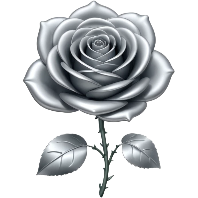 A rose emoji made of liquid silver metal, smooth metallic petals, reflective chrome surface, soft gradients, elegant shape, minimalistic iOS emoji style, centered, clean white background, realistic highlights, no text emoji