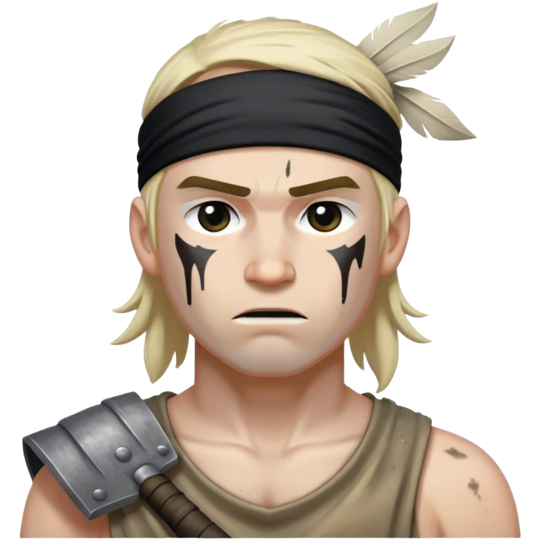 A battle-worn warrior with a black headband, sweat and dirt streaked across his pale skin emoji