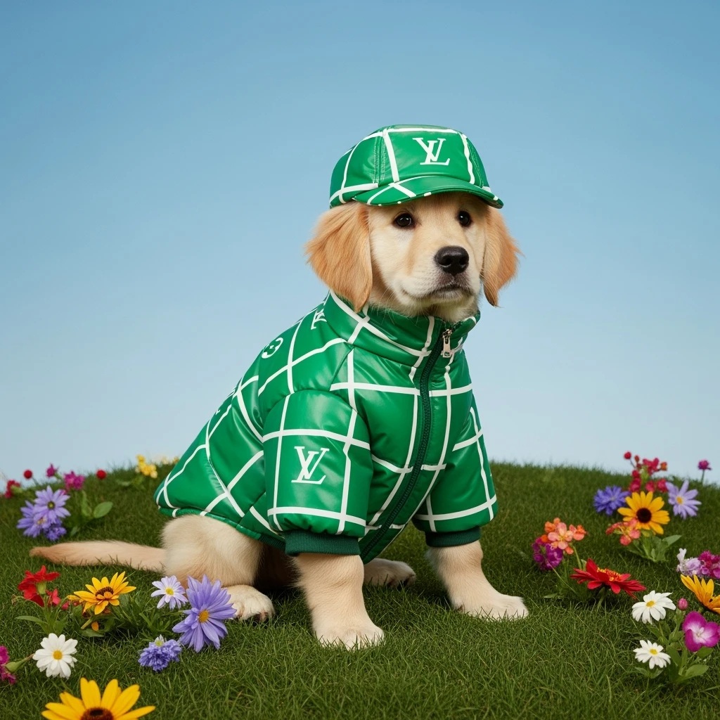 Medium shot, Photo of a puppy golden retriver sitting, dress in abstract (green) grid puffer Louis Vuitton jacket, express body, soft light, golden retriver sitting on grass hill with colorfull flowers, green cap, blue minimalistic sky in background, studio emoji