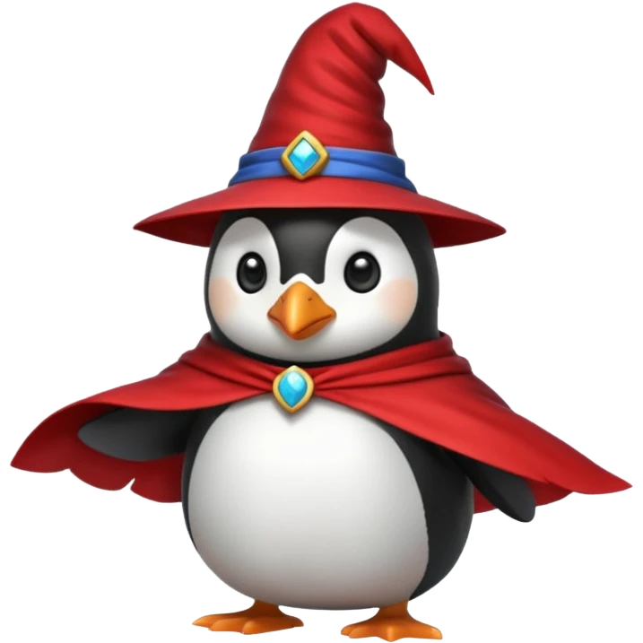 A penguin wizard with a red cape emoji