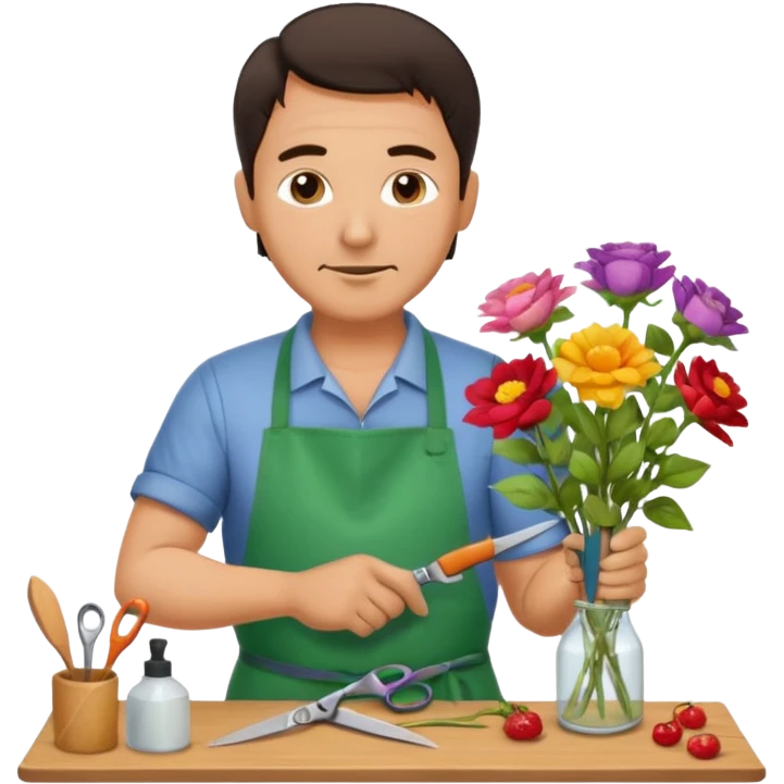 Middle-aged male florist – apron on, trimming stems with scissors emoji