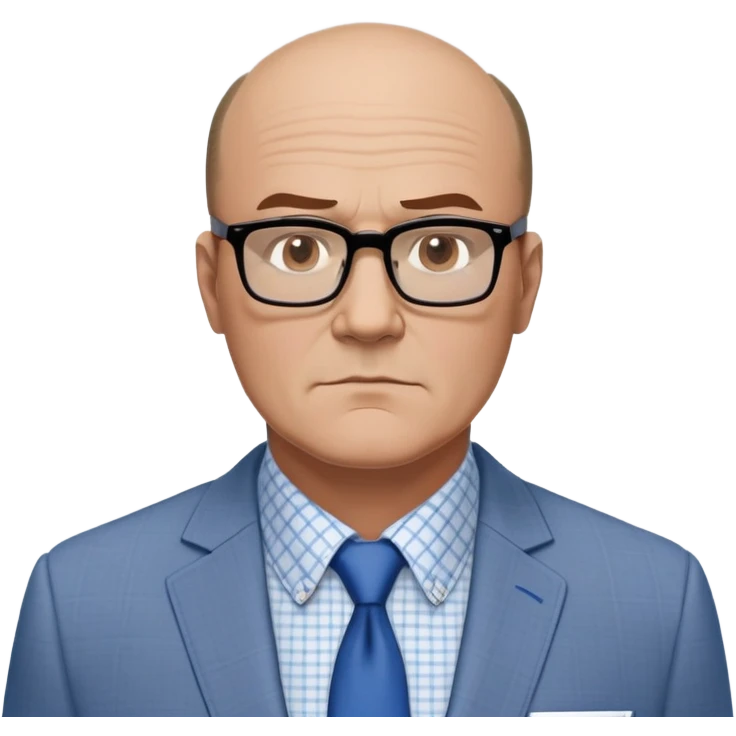 Larger 50-year-old man with extremely wide square face and big square jawline. Balding with hair on top but very little on sides. Large dark square-framed glasses. Serious expression. Wearing a light gray blazer that accommodates his bigger build, white button-up shirt with blue checkered pattern. emoji