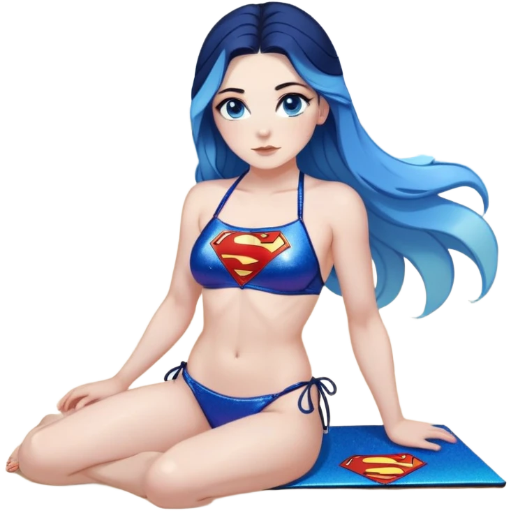 Front view-very very very large chest-shy face-on knees-very long straight flowing dark blue to light blue hair ombre in a french braid-blue eyes-black eyeliner-long eyelashes-iridescent sting bikini top with glitter superman logo-playing cornhole emoji