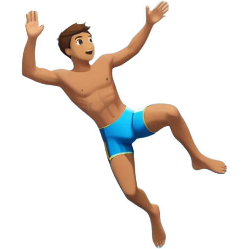 A diver mid-air, plunging from a high cliff into the sparkling ocean below. The background features rugged cliffs, clear blue water, and a bright sky, emphasizing the excitement and danger of the sport with a sense of freedom and adventure. emoji