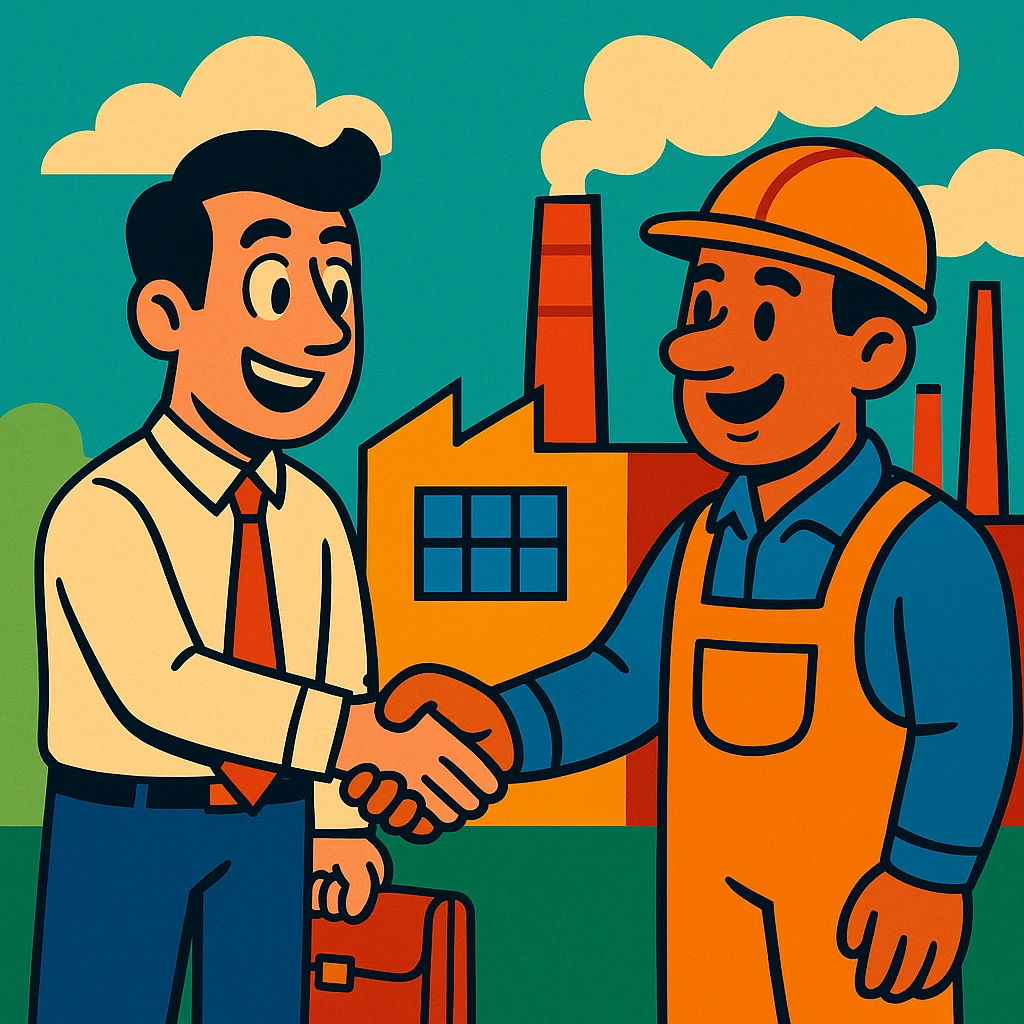 cartoon style office worker shaking hands with factory worker, factory in background, friendly atmosphere emoji
