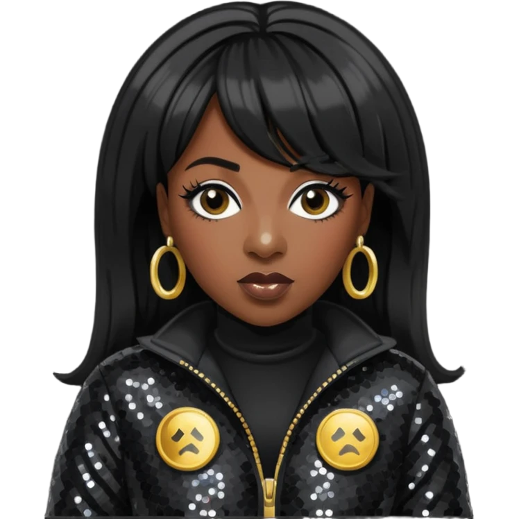 Missy Elliott with jet black hair, black sequin outfit emoji