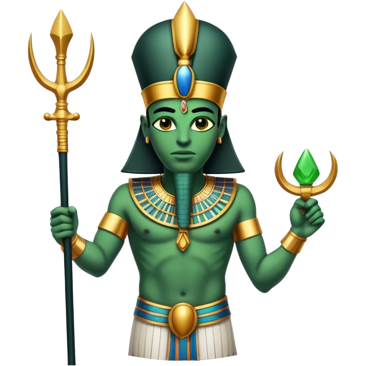 Ancient Egyptian god Osiris with green skin, Atef crown, and holding crook and flail emoji