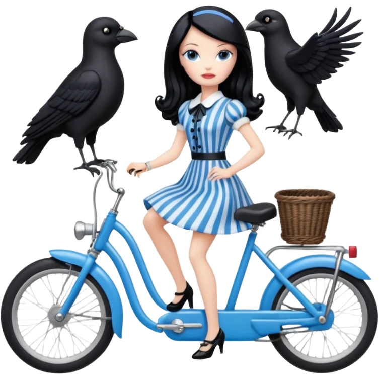 1920s coal hair Silkstone Marie Antoinette Barbie Wednesday Addams from academy in a blue and black vertically-striped classic dress. riding hot rod bikes with crows emoji