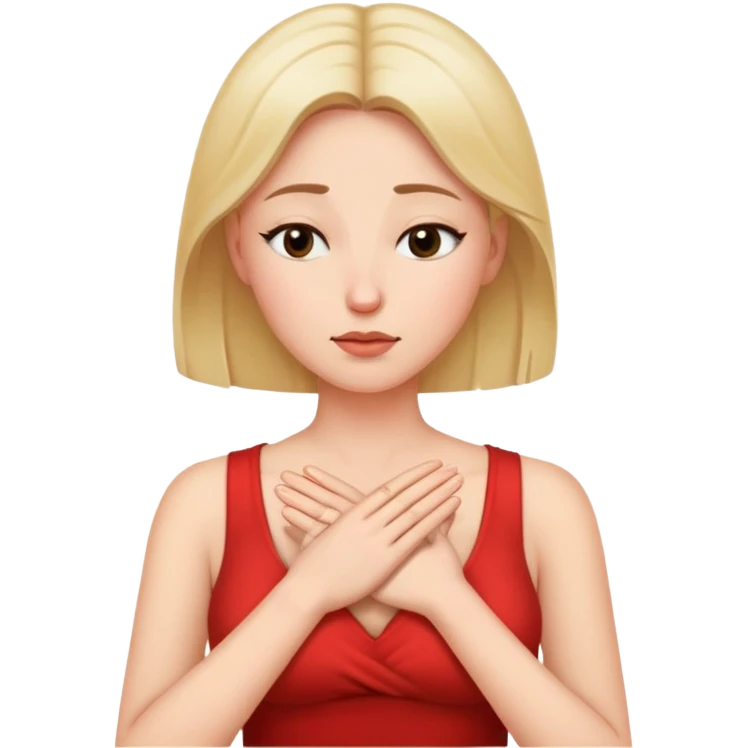 Woman making a “no thanks” gesture like refusing food or drinks offered. Only one hand on her chest, the other hand free on the side, eyes closed emoji