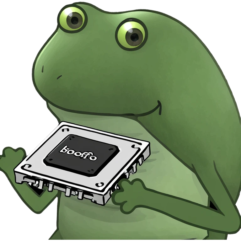 CPU computer chip with bufo frog arms and legs, meme style emoji