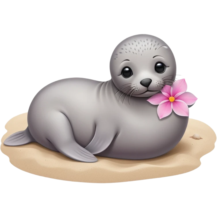 A small, slim baby seal resting gracefully on a sandy beach, with a delicate pink flower placed on its head.  Grey color emoji