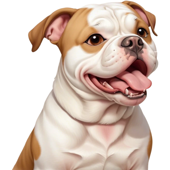 Cinematic Cute Yawning White and Brown American Bulldog Portrait Emoji, Head tilted slightly with a dramatic, wide-open yawn, soft white fur with bold brown patches, floppy ears slightly drooping, round brown eyes barely open in drowsy contentment, Simplified yet irresistibly adorable features, highly detailed, glowing with a soft, cozy glow, high shine, relaxed yet expressive, stylized with a touch of whimsy, bright and endearing, soft glowing outline, capturing the essence of a sleepy yet affectionate pup, so drowsy it feels like it could stretch right out of the screen and curl up for a nap! emoji