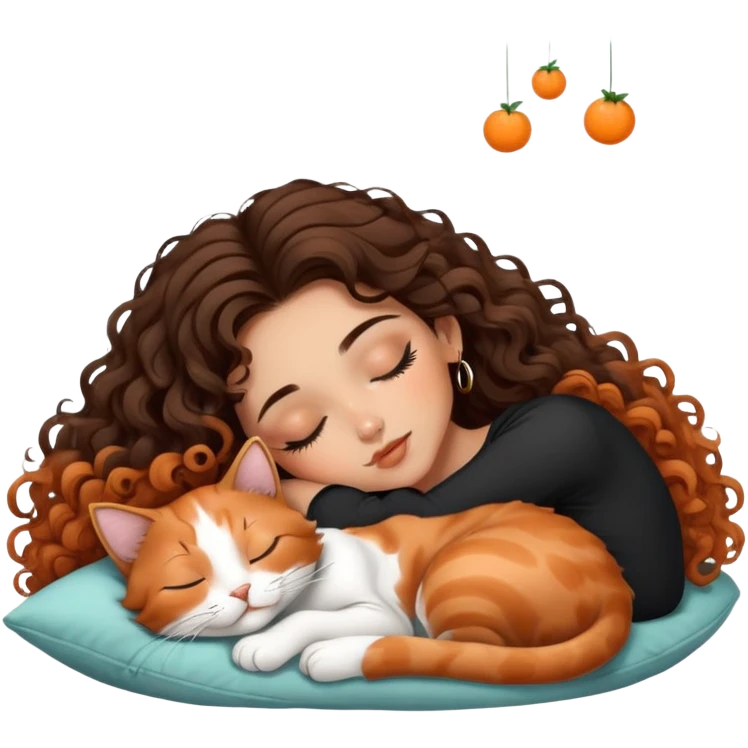 cute balayage brunette curly/wavy haired girl, hoop earrings clean girl makeup sleeping beauty laying next to her sleeping calico orange black white cat  emoji