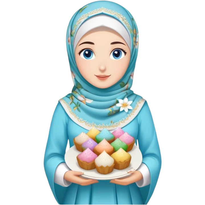 Turkish beautiful finish Konya girl blue eyes with lily floral hijab islamic dress and had on her hand text Eid Mubarak with sweets and celebrating with her friends eid days   emoji