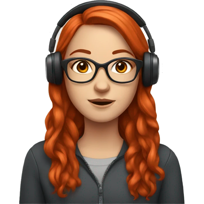white girl, with long red red hair, square glasses, wearing headset emoji