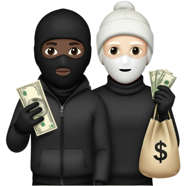 Two men one with white skin color and the other black skin color and both wearing black Ski masks holding money bag emoji