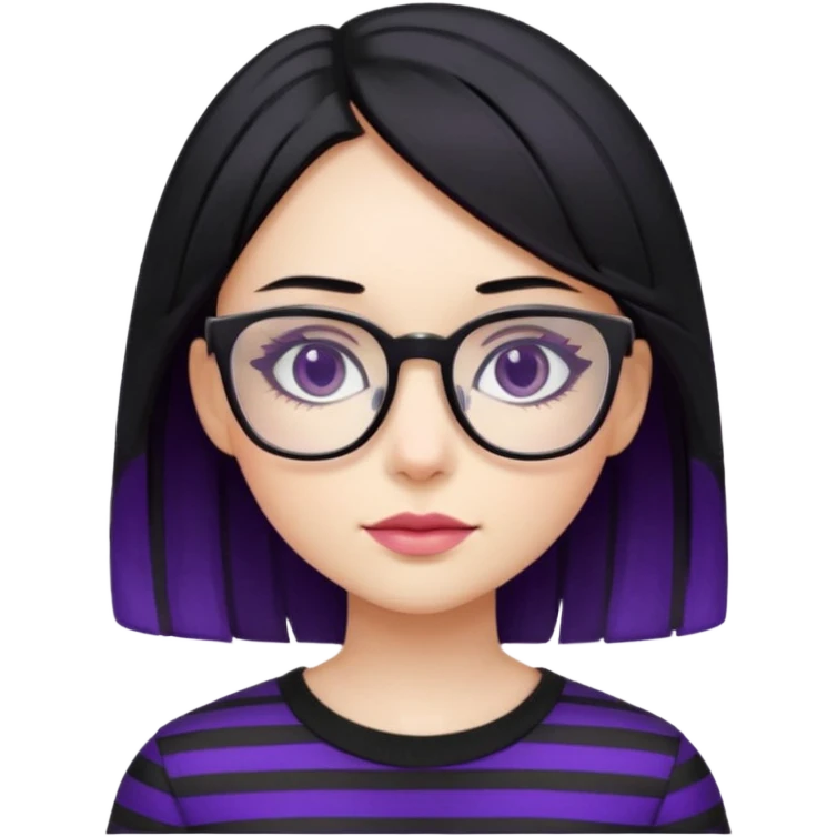 chica bonita con ligero cabello negro con rayas moradas que llega hasta los hombros con lentes cuadrados de estatura pequeña con ropa negra emoji