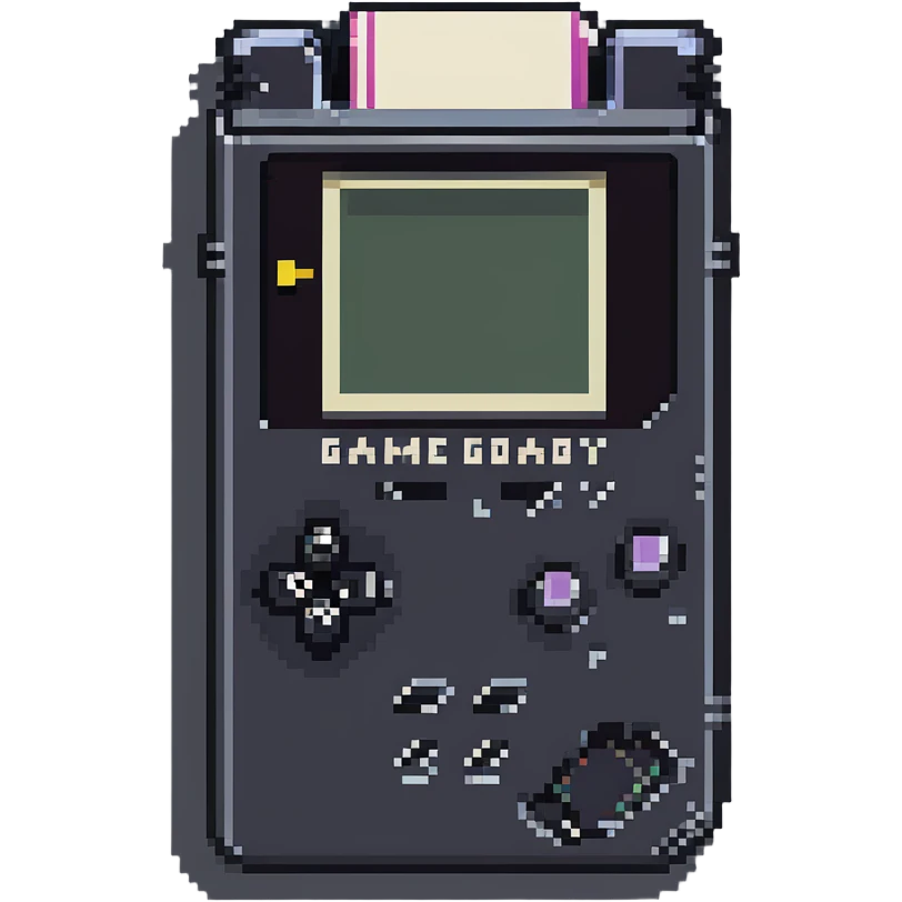 A retro pixel art GameBoy game cartridge with vibrant colors emoji