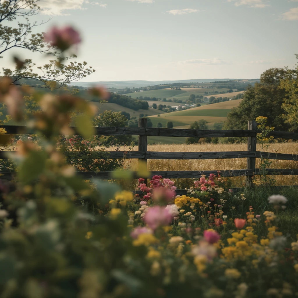 "Two shot" in the foreground, blurred plants in the foreground (frame within a frame), a wooden fence and colorfull flowers in the midground, Poland, rolling hills in the background, cinematic depth of field, layered composition, natural lighting emoji