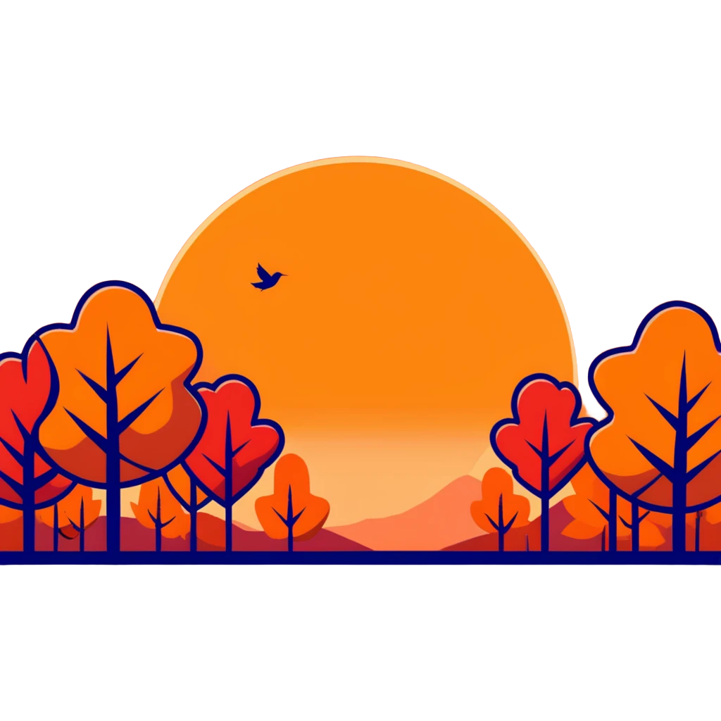 fall sunset with pumpkins, orange and red sky, falling leaves emoji