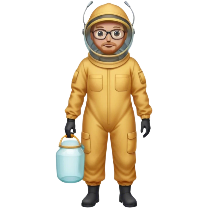 full body medium plus size bee keeper with  short light strawberry blonde hair and goatee wearing glasses  emoji