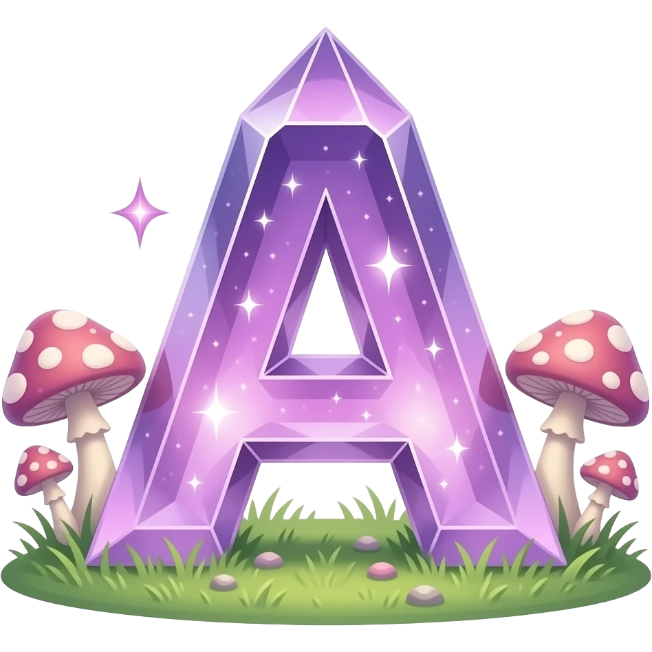 A letter 'A' carved out of a singular, transparent Amethyst crystal, internal glowing magical light, surrounded by soft glowing mushrooms, magical realism style, detailed, 3D, shimmering particles, fantasy illustration emoji