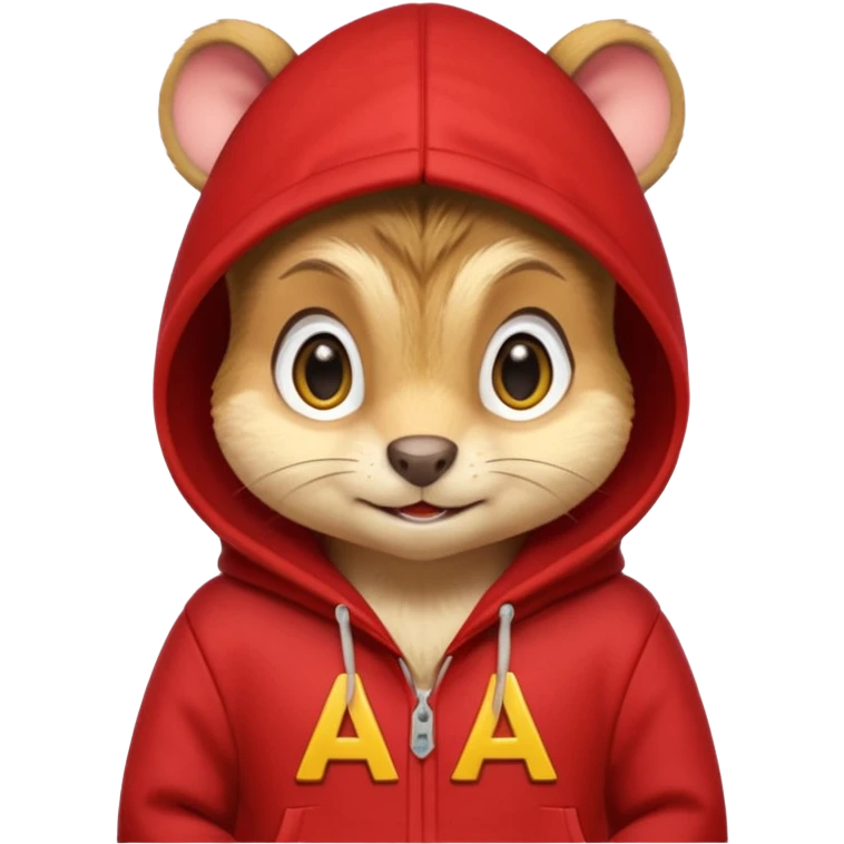 Portrait of a cartoon chipmunk with light brown and beige fur, wearing a red hoodie with a yellow 'A' on it, big round eyes, small nose, and a mischievous grin, front-facing, stylized in animated movie style emoji
