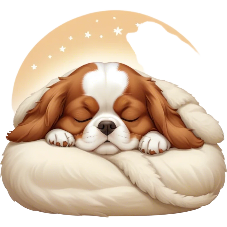 Cinematic Chubby Sleeping Cavalier King Charles Spaniel Portrait Emoji, Chubby and serene, with a round, endearing build and a plush, silky coat of rich chestnut and white, eyes gently closed in peaceful slumber, Simplified yet irresistibly endearing features, highly detailed, glowing with a gentle, dreamy glow, high shine, relaxed and content, stylized with a touch of whimsy, bright and heartwarming, soft glowing outline, capturing the essence of a blissfully sleepy companion, so comically serene it feels like it could roll out of the screen and snore with adorable charm! emoji