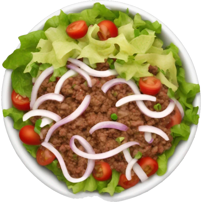 create a taco salad emoji , with minced beef , beans ,choped onions and tomato,and salad leafs in it in a bowl nothing  emoji