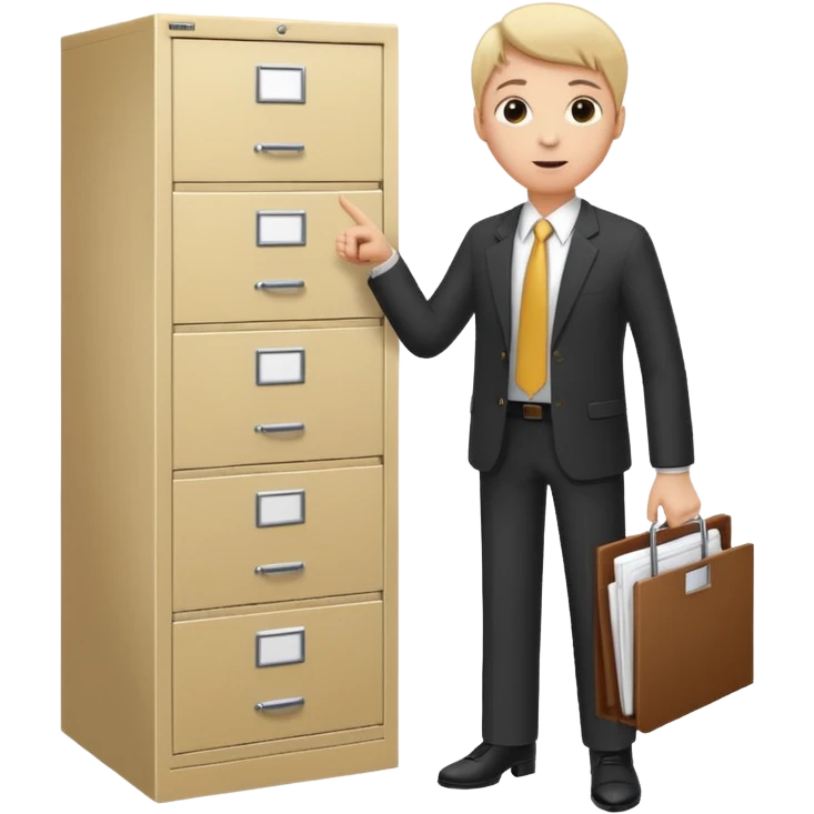 A person in business attire pointing to a tall filing cabinet, indicating document organization. emoji