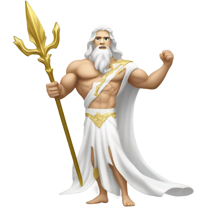 white Poseidon with gold Trident. long white hair white dress. show biceps muscle emoji