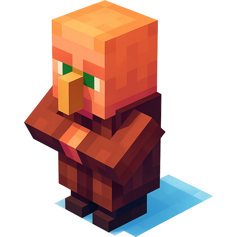 Minecraft villager, 3D blocky voxel style, brown robe, large nose, facing forward, classic Minecraft look emoji