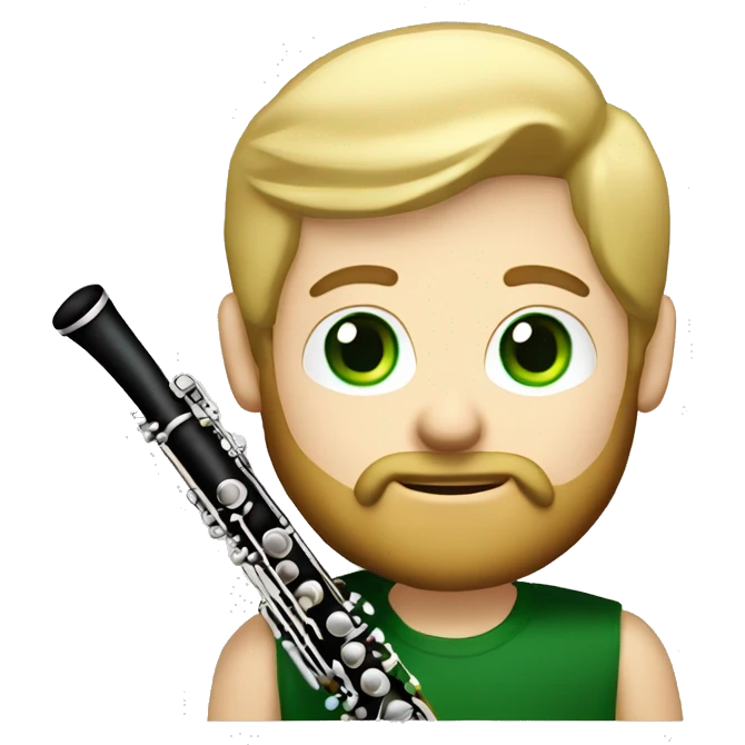 blond hair man with beard and green eyes, holding black woodwind instrument clarinet emoji