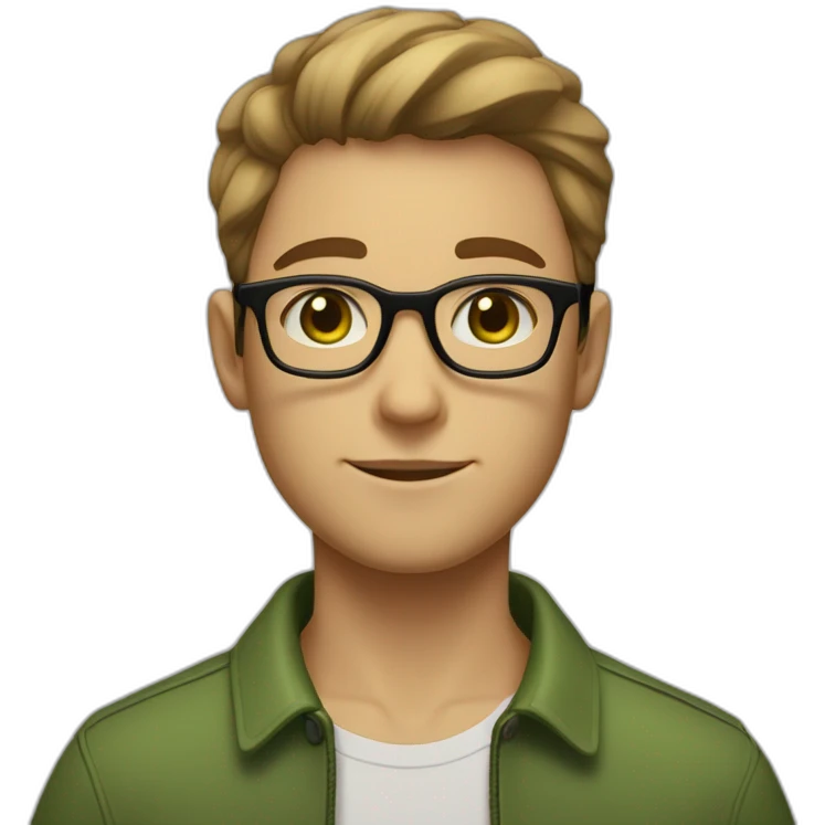 a boy with light brown hair, short on the sides and a little longer on top, round black glasses, a short but still visible beard. green eyes and hump on the nose. emoji
