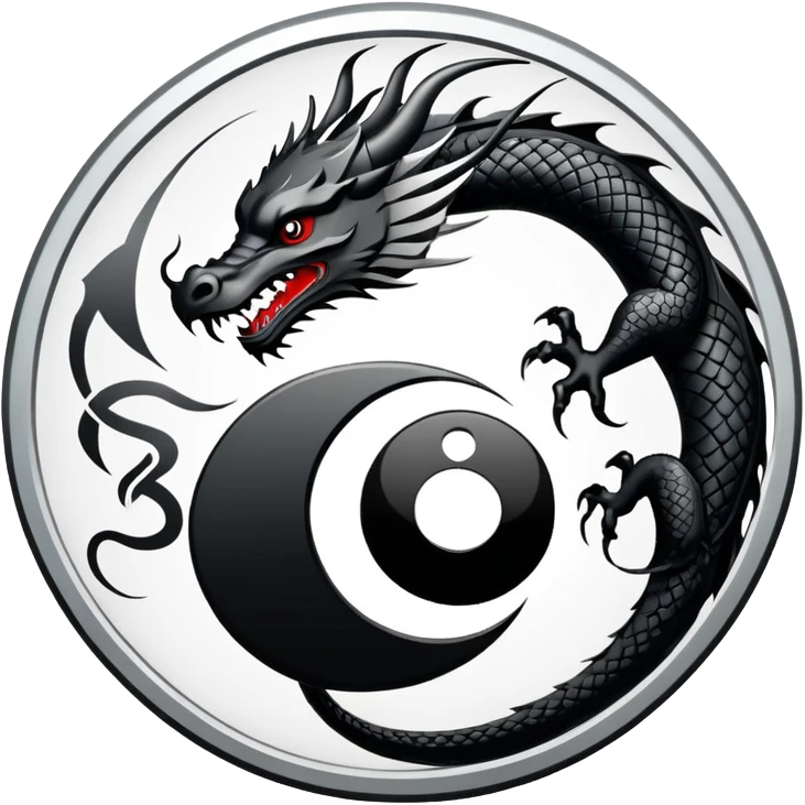 An icon symbolizing Eastern martial arts in the style of an emblem, featuring a black-and-white Yin-Yang symbol and a dragon at the center, surrounded by elements like a dojo. Transparent background highlights balance and power. emoji