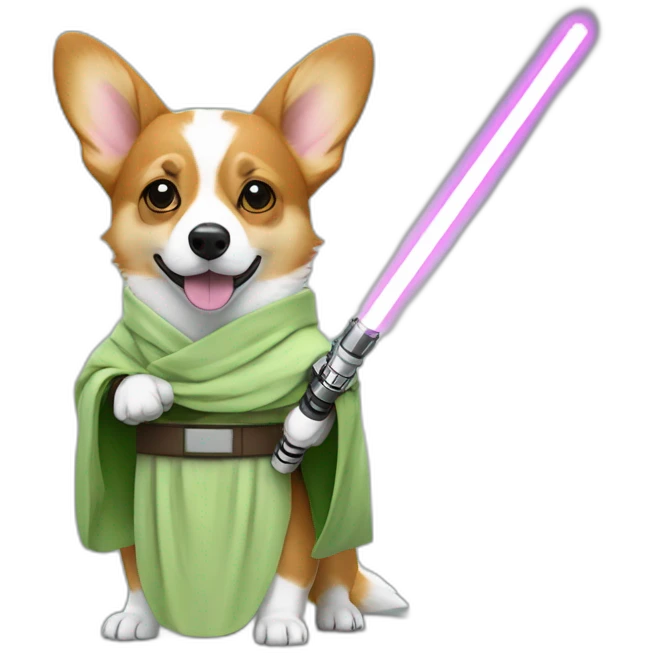 Corgi dress as yoda with one light saber green emoji