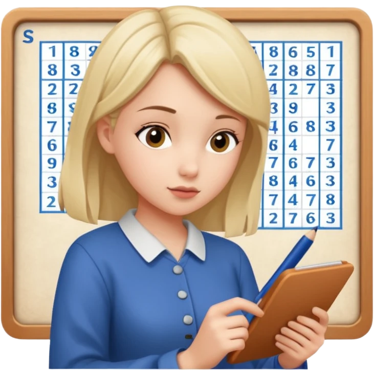 Girl Sudoku Problem-Solving on the new paper, side view. emoji