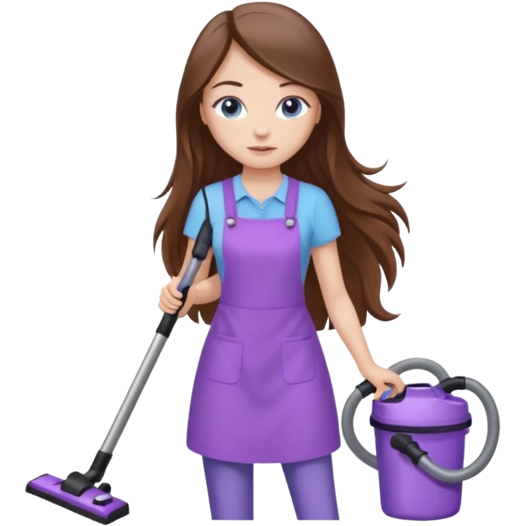 beautiful girl with long brown hair, blue eyes and wearing light purple clothes, cleaning and vacuuming emoji