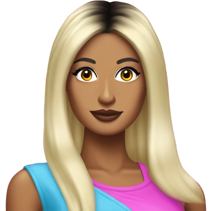 Tanned woman with long black hair, dressed in y2k Paris Hilton hair, makeup, and neon attire emoji