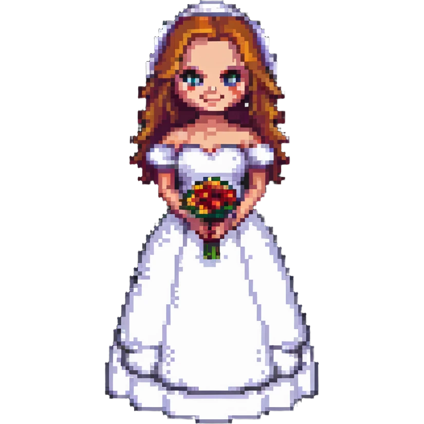 Chucky's bride in a wedding dress standing and smiling in pixel art style emoji