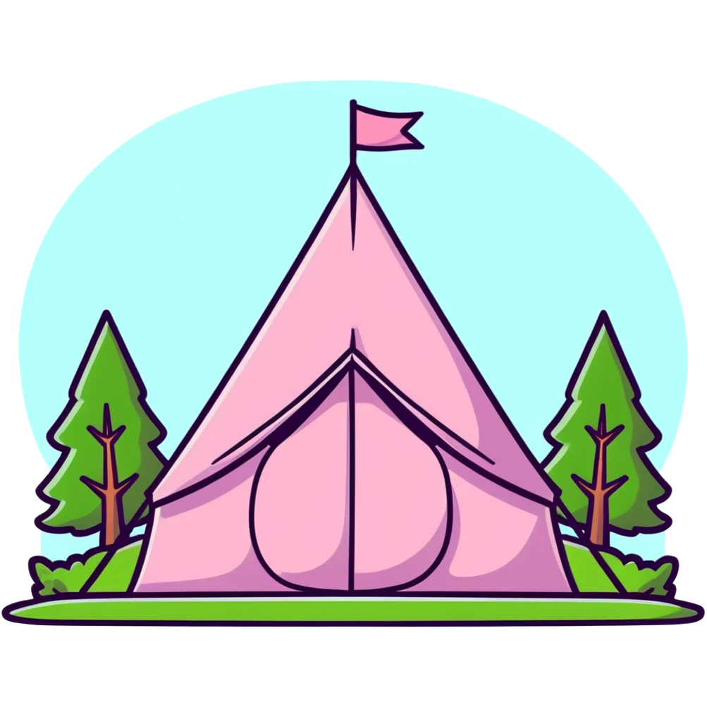 cute pink tent set up in a grassy meadow with trees emoji