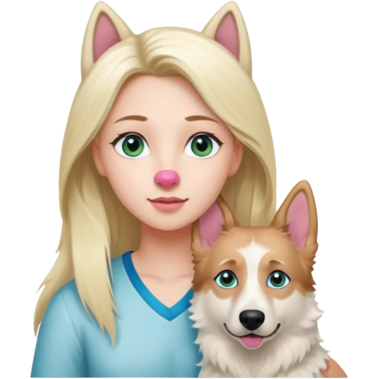 White European young woman with blue-green eyes and long blond hair with her white German Shepherd dog,the Dog has a pink nose and short fur  and Brown eyes emoji