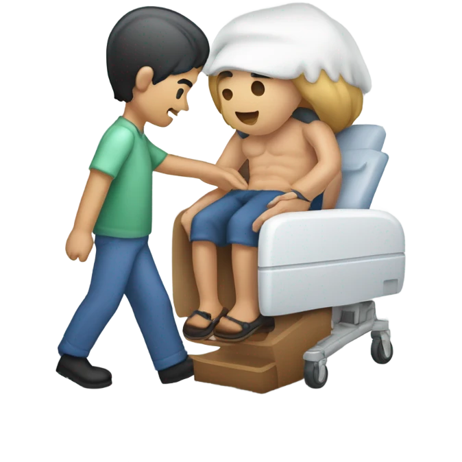 Podologa con su ambo y cofia de piecitos, atendiendo a un paciente emoji