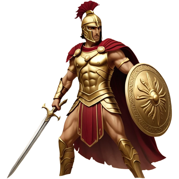 Cinematic-realistic Achilles, the unstoppable Greek warrior, standing fearlessly on the battlefield of Troy. His golden armor gleams under the scorching sun, each intricate engraving telling tales of his past glories. His piercing gaze locks onto his foe, his grip tightening around his ornate bronze sword as his crimson cape billows behind him. The dust swirls at his feet, the echoes of clashing weapons and distant war cries surrounding him, the essence of an immortal legend in motion. emoji