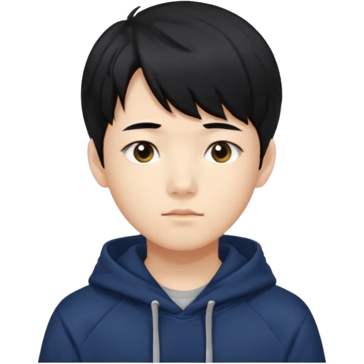 흑발에 앞머리를 덮은 잘생긴 14세 한국소년/ 옷 색깔은 남색 후드티 emoji