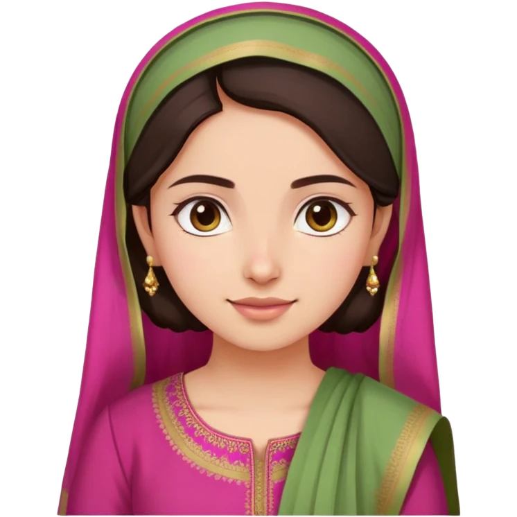 girl with light wheatish skin, dark brown hair, wearing dark pink kurti with sage green dupatta on head emoji