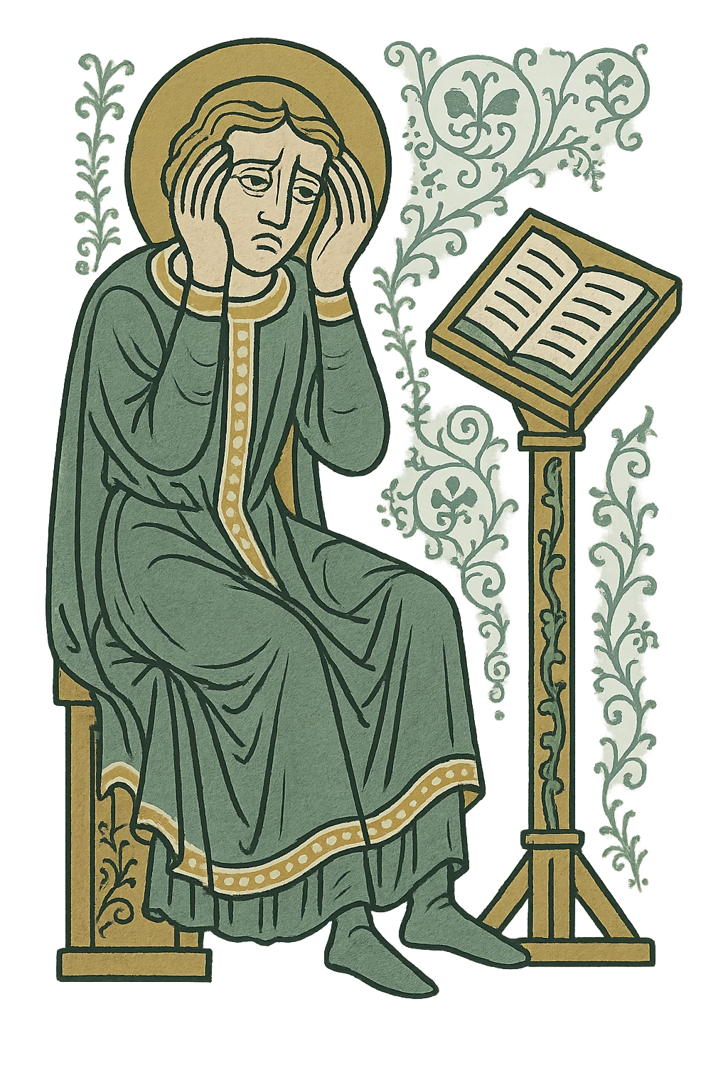 student frustrated with head in hands, classic look, green gold and white color scheme, elegant lines, decorative details emoji