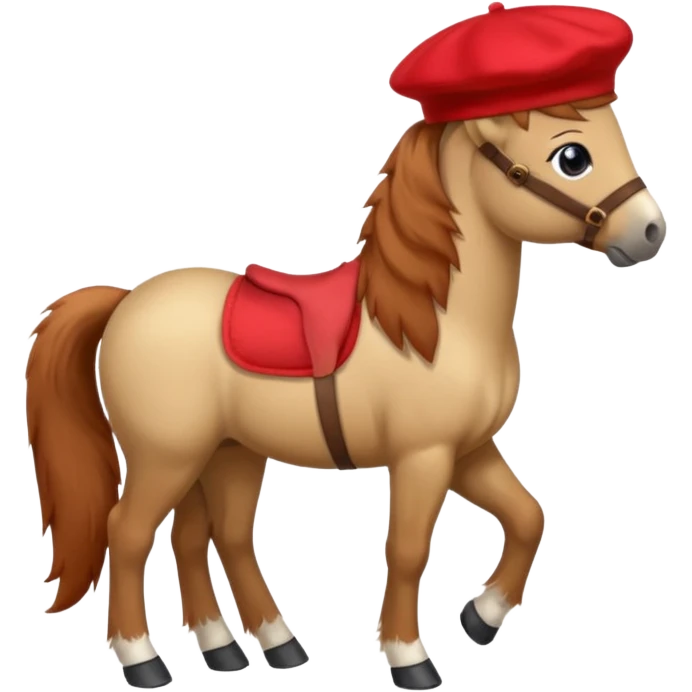 A cute pony (horse) emoji, full body, standing in side view, wearing a stylish red beret. emoji