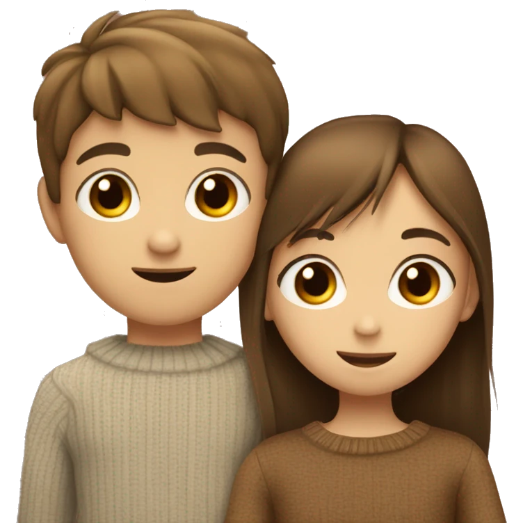 a young boy with brown hair and brown eyes in love hugging a thin girl with brown middle straight hair and fringe with big brown eyes and a sweater on.  emoji